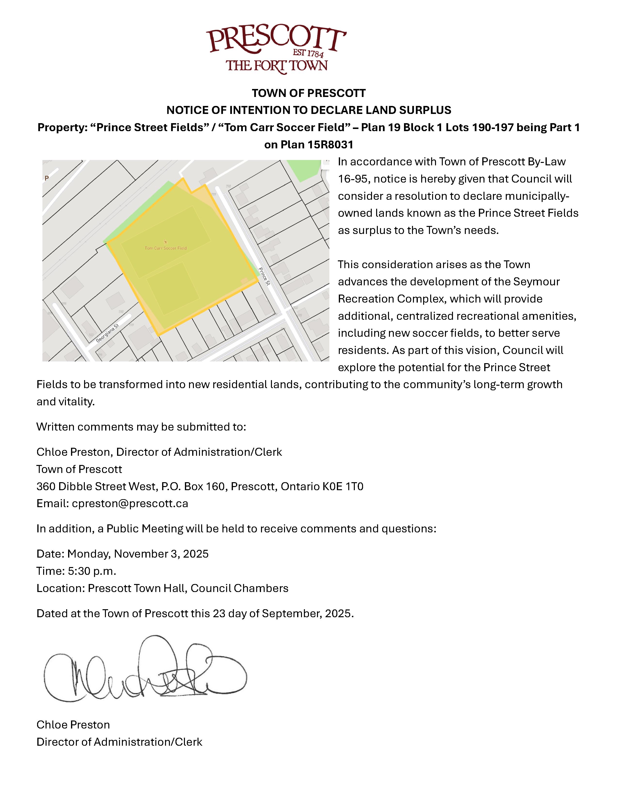Notice of Intention to Declare Surplus – Prince Street Fields